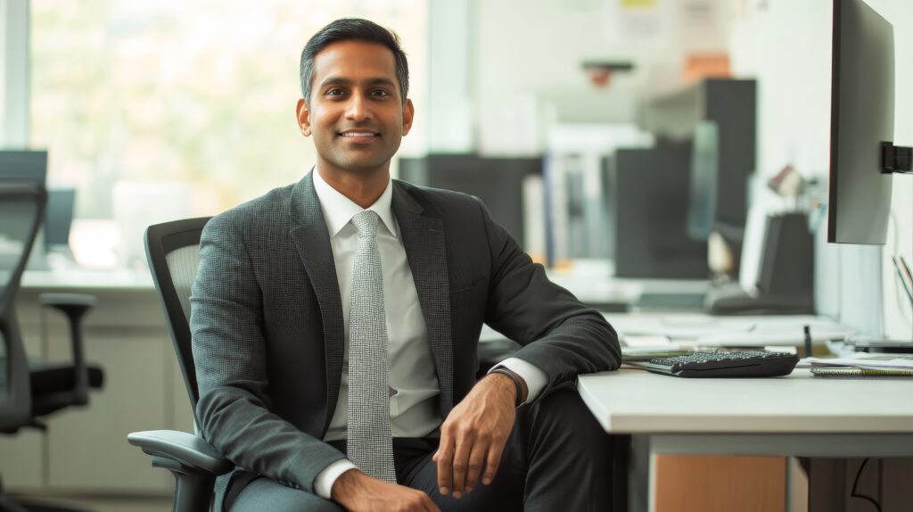 Confident Indian-Canadian Businessman in Clean Modern Workspace Exudes Professionalism